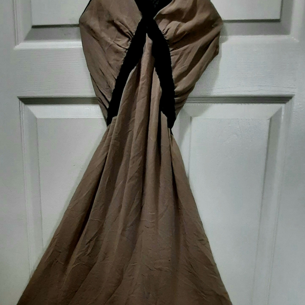 Max Studio taupe silk dress with black lace trim
